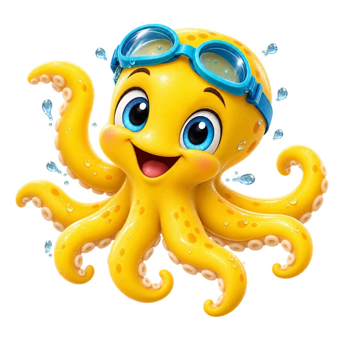 Playful yellow octopus wearing cyan swimming goggles